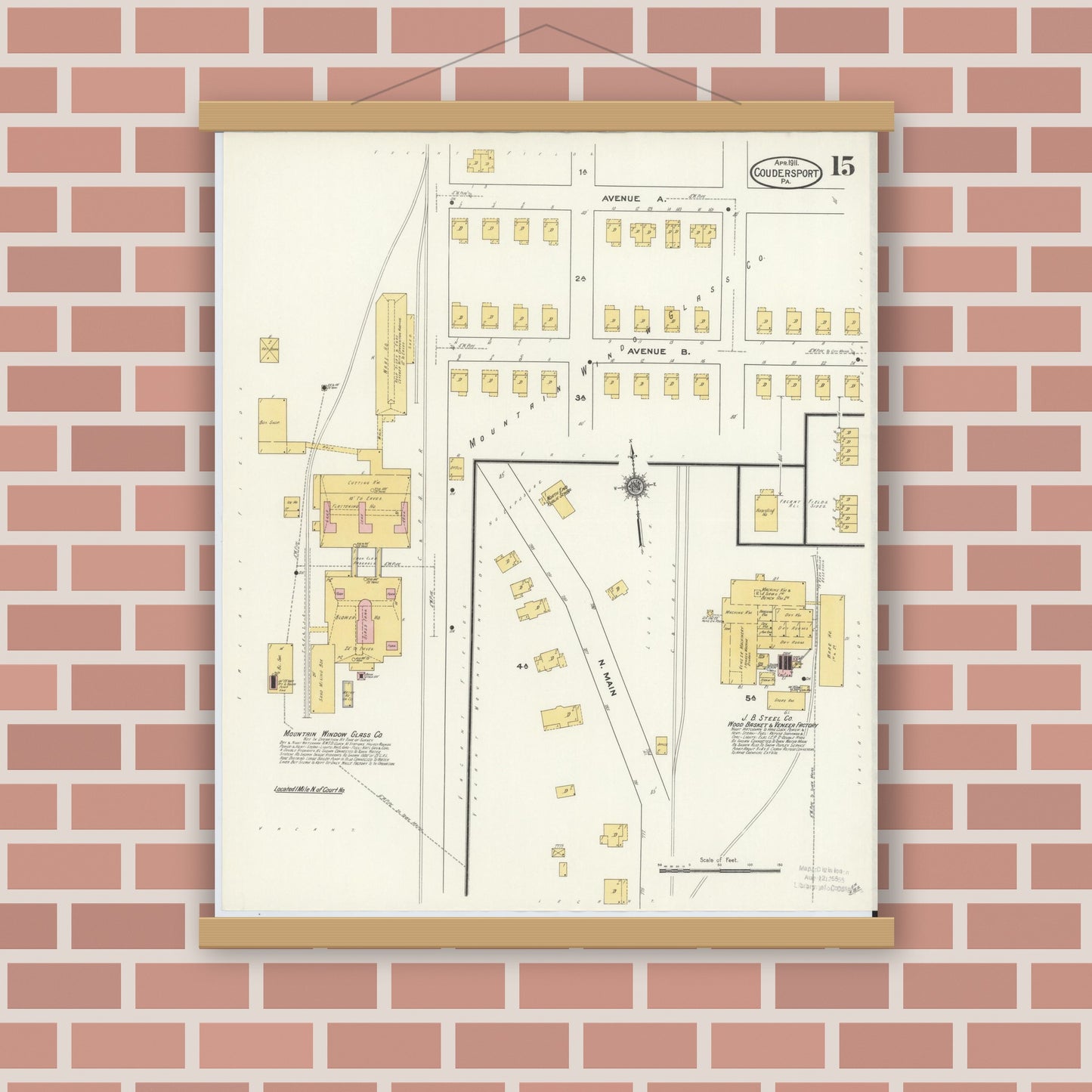 Old map wall art mockup — magnetic wood frame on brick wall — Sanborn Fire Insurance Map from Coudersport, Potter County, Pennsylvania (1911), Sheet #0015