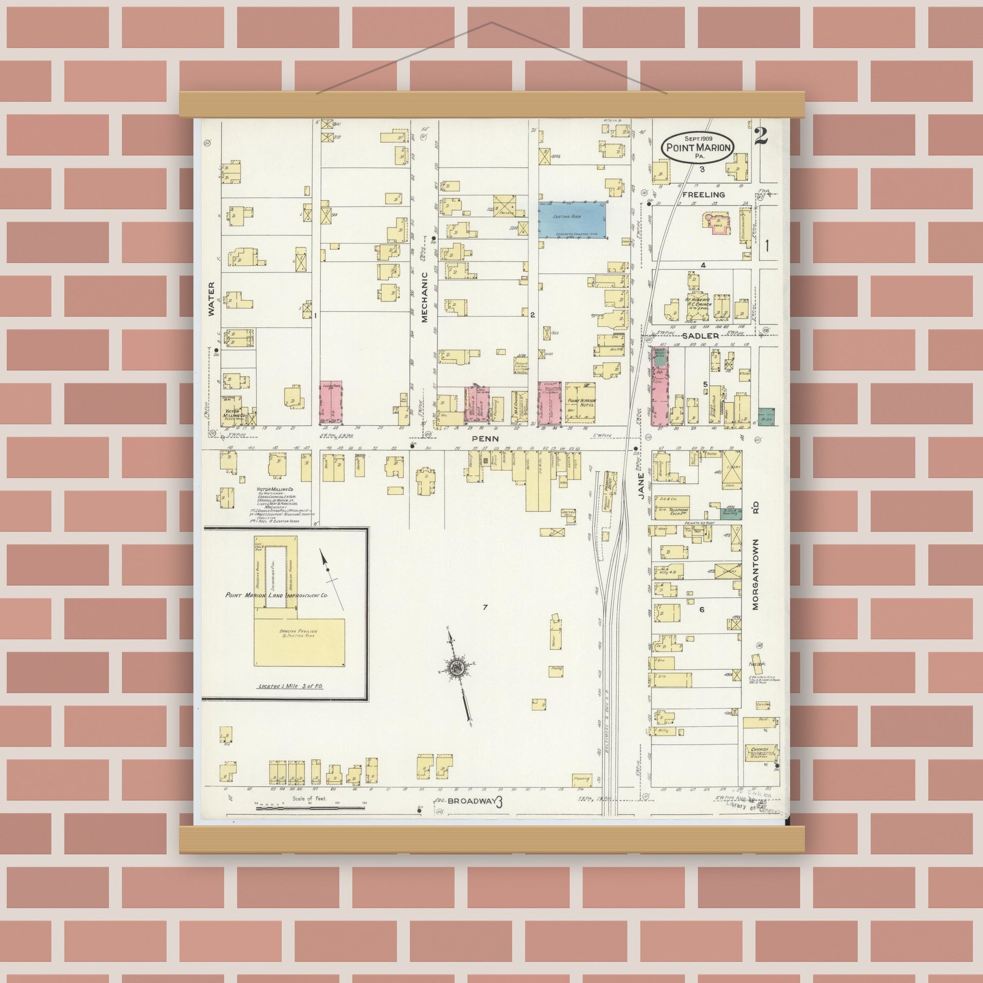 Old map wall art mockup — magnetic wood frame on brick wall — Sanborn Fire Insurance Map from Point Marion, Fayette County, Pennsylvania (1909), Sheet #0002