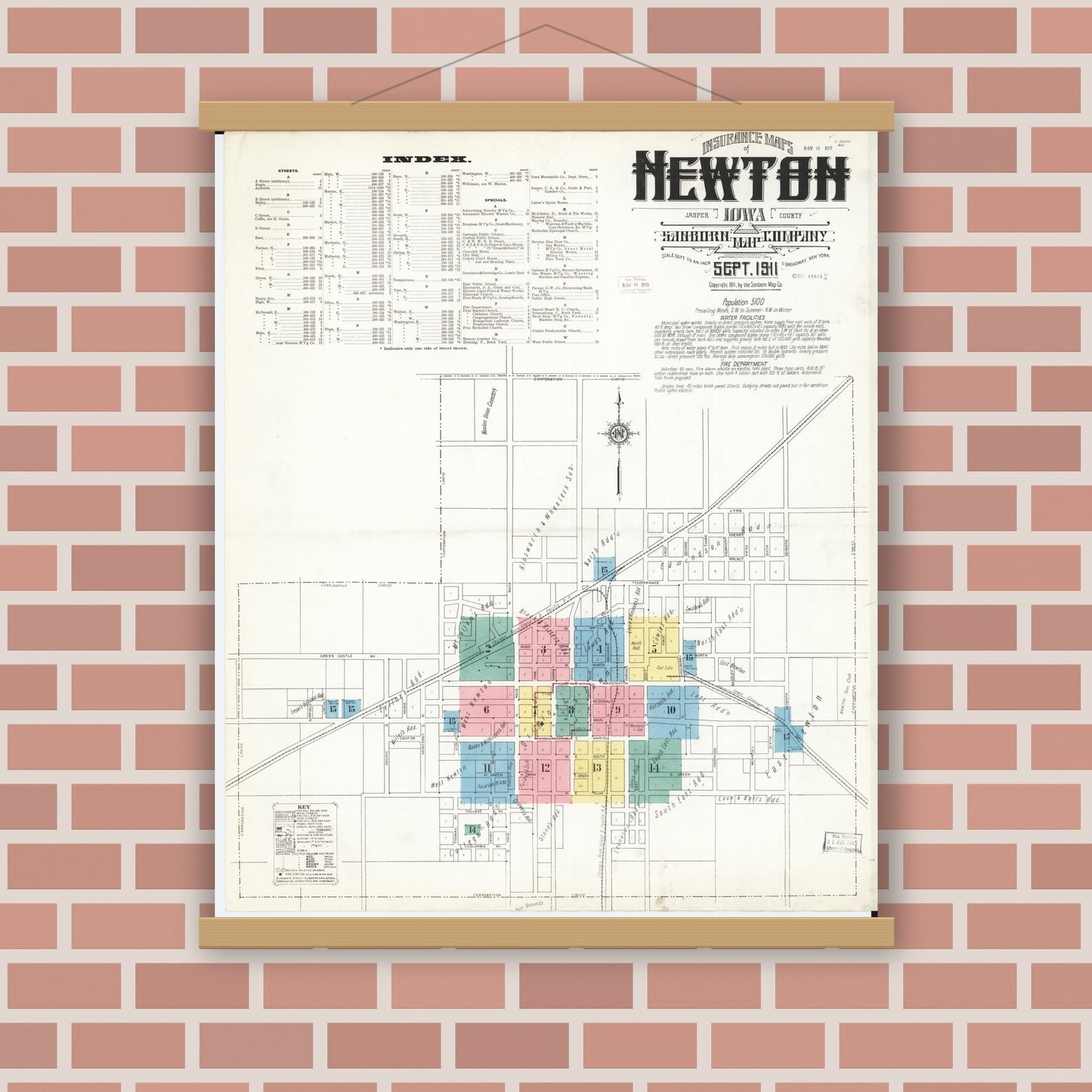 Old map wall art mockup — magnetic wood frame on brick wall — Sanborn Fire Insurance Map from Newton, Jasper County, Iowa (1911) â€” Complete Set