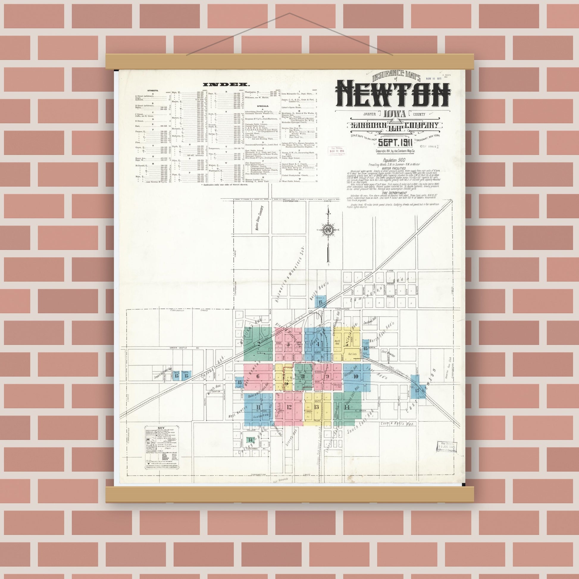 Old map wall art mockup — magnetic wood frame on brick wall — Sanborn Fire Insurance Map from Newton, Jasper County, Iowa (1911) â€” Complete Set