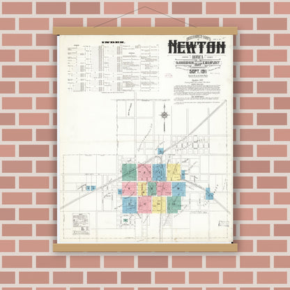 Old map wall art mockup — magnetic wood frame on brick wall — Sanborn Fire Insurance Map from Newton, Jasper County, Iowa (1911) â€” Complete Set