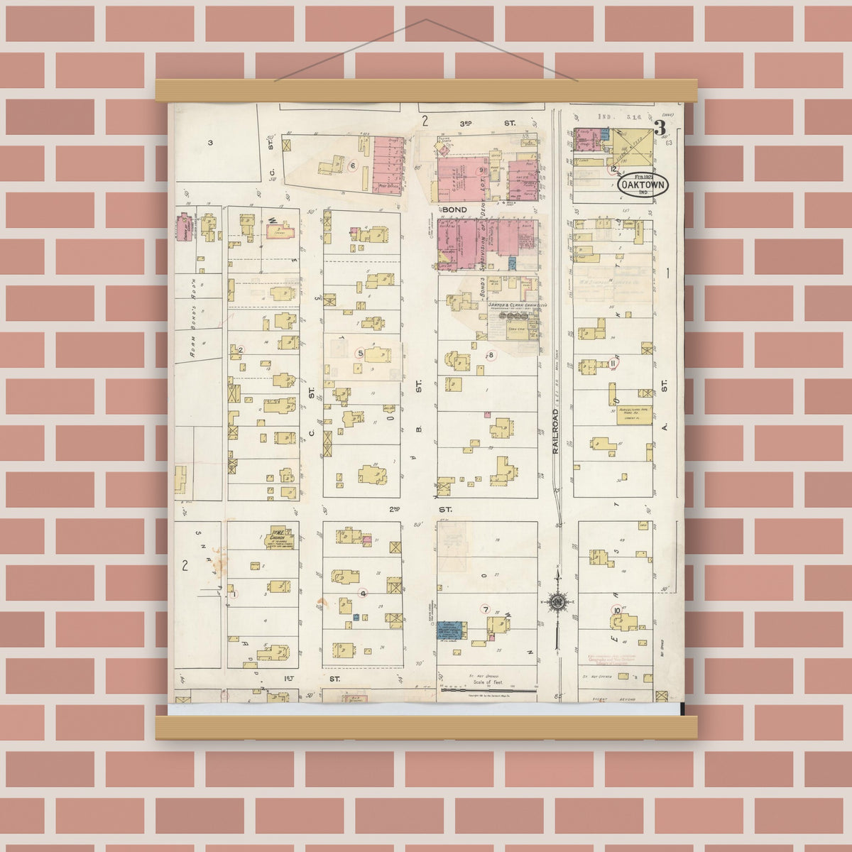 Old map wall art mockup — magnetic wood frame on brick wall — Sanborn Fire Insurance Map from Oaktown, Knox County, Indiana (1932), Sheet #0003
