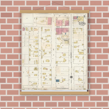 Old map wall art mockup — magnetic wood frame on brick wall — Sanborn Fire Insurance Map from Oaktown, Knox County, Indiana (1932), Sheet #0003