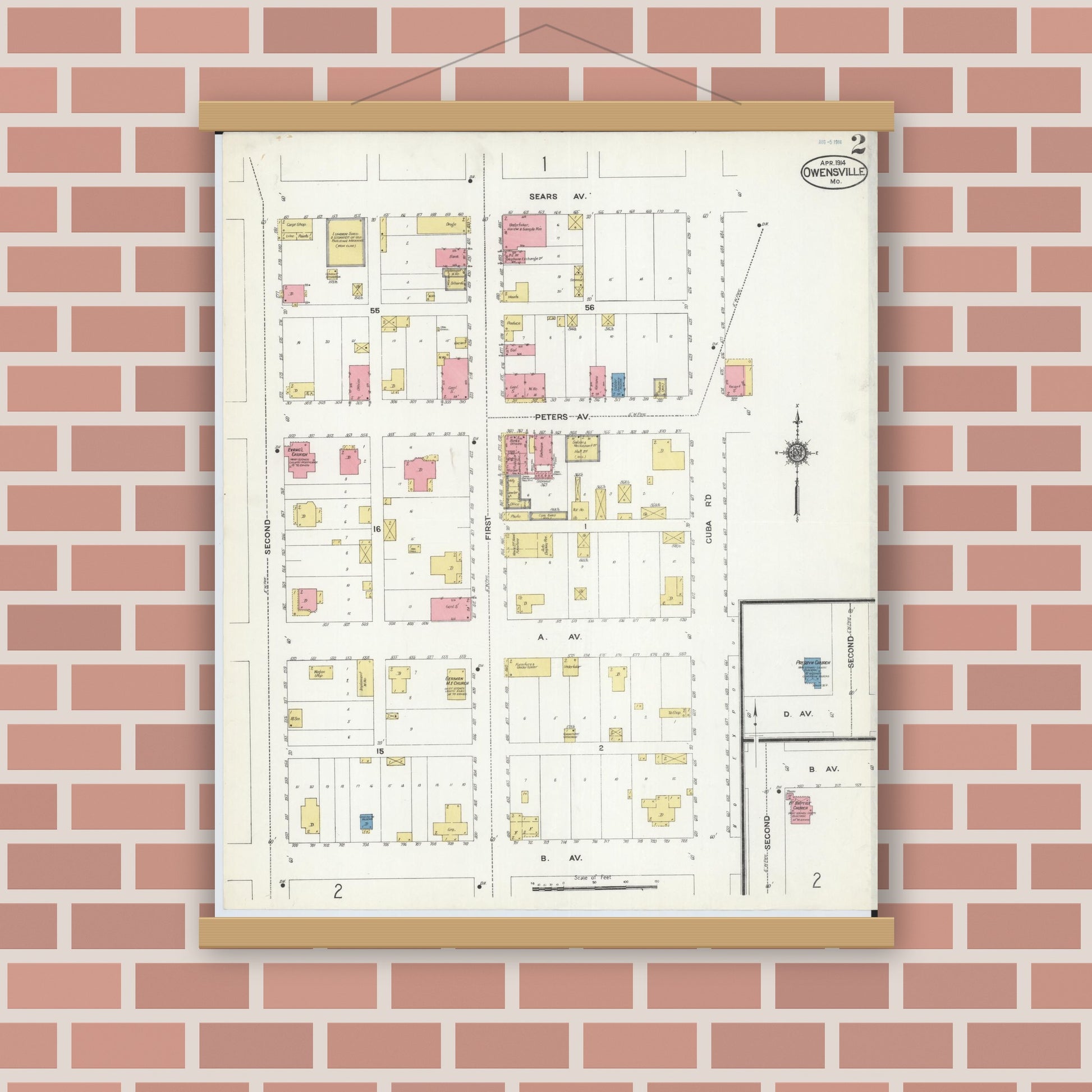 Old map wall art mockup — magnetic wood frame on brick wall — Sanborn Fire Insurance Map from Owensville, Gasconade County, Missouri (1914), Sheet #0002