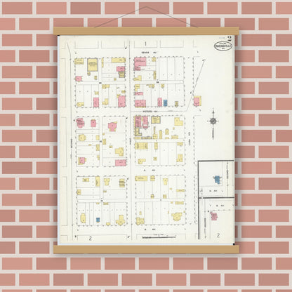 Old map wall art mockup — magnetic wood frame on brick wall — Sanborn Fire Insurance Map from Owensville, Gasconade County, Missouri (1914), Sheet #0002