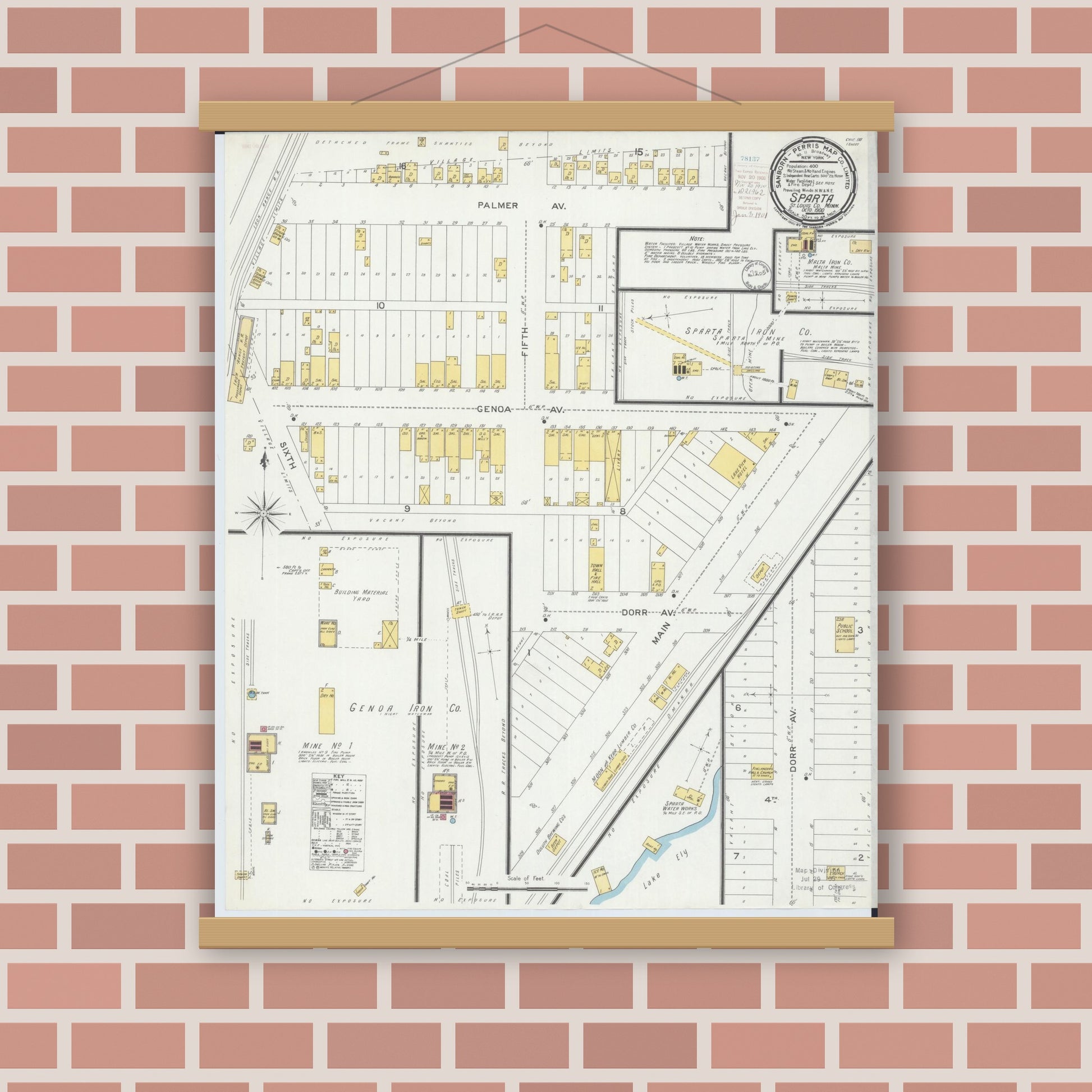 Old map wall art mockup — magnetic wood frame on brick wall — Sanborn Fire Insurance Map from Sparta, Saint Louis County, Minnesota (1900), Sheet #0001