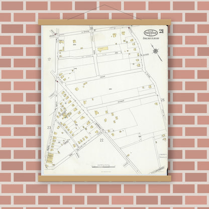 Old map wall art mockup — magnetic wood frame on brick wall — Sanborn Fire Insurance Map from Ridgewood, Bergen County, New Jersey (1916), Sheet #0021
