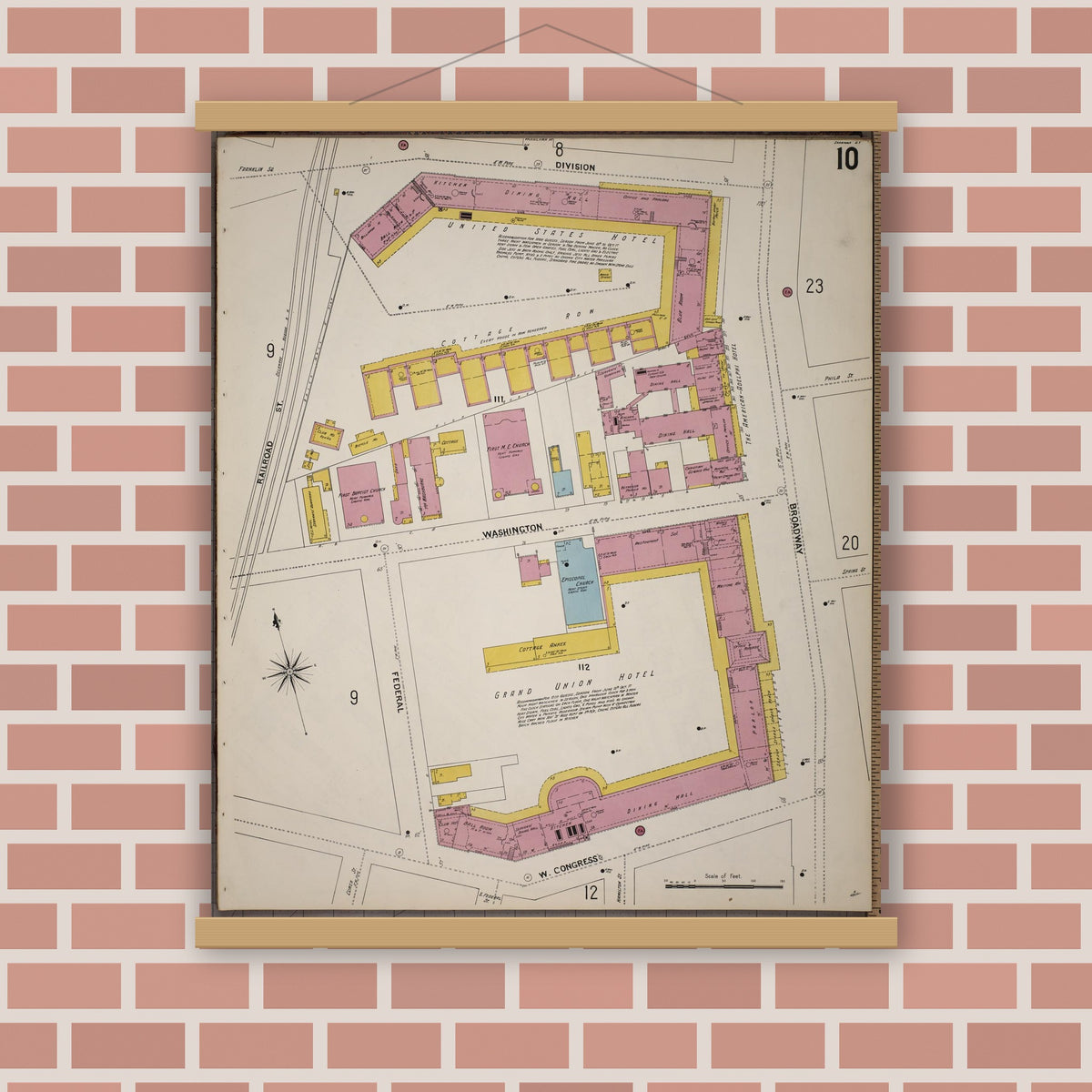 Old map wall art mockup — magnetic wood frame on brick wall — Sanborn Fire Insurance Map from Saratoga, Saratoga County, New York (1900), Sheet #0010
