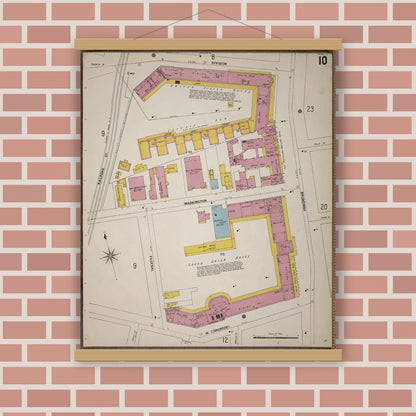 Old map wall art mockup — magnetic wood frame on brick wall — Sanborn Fire Insurance Map from Saratoga, Saratoga County, New York (1900), Sheet #0010