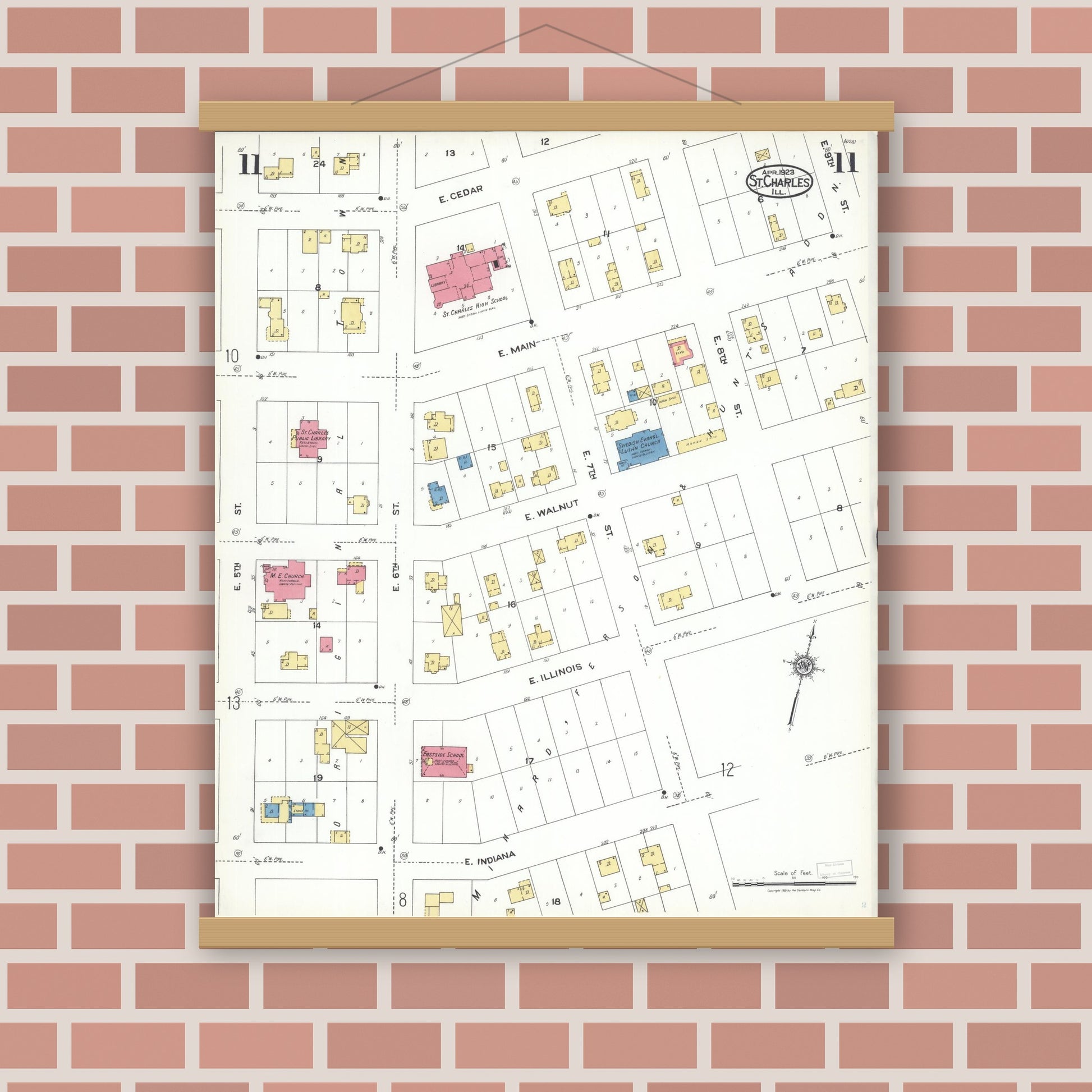 Old map wall art mockup — magnetic wood frame on brick wall — Sanborn Fire Insurance Map from Saint Charles, Kane County, Illinois (1923), Sheet #0011