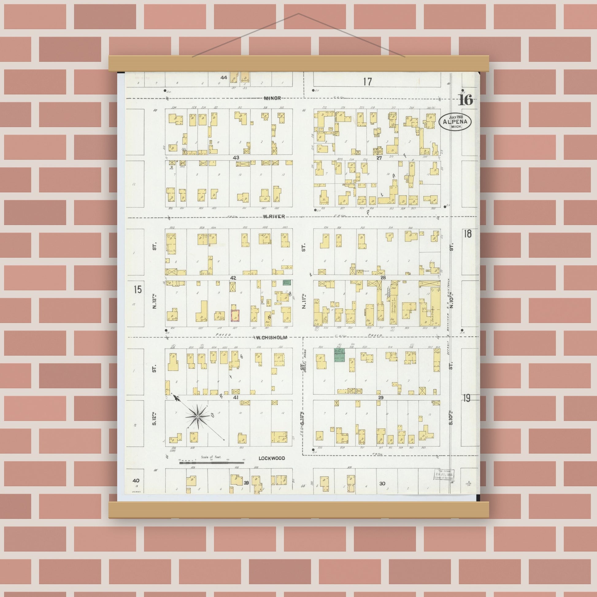 Old map wall art mockup — magnetic wood frame on brick wall — Sanborn Fire Insurance Map from Alpena, Alpena County, Michigan (1901), Sheet #0016
