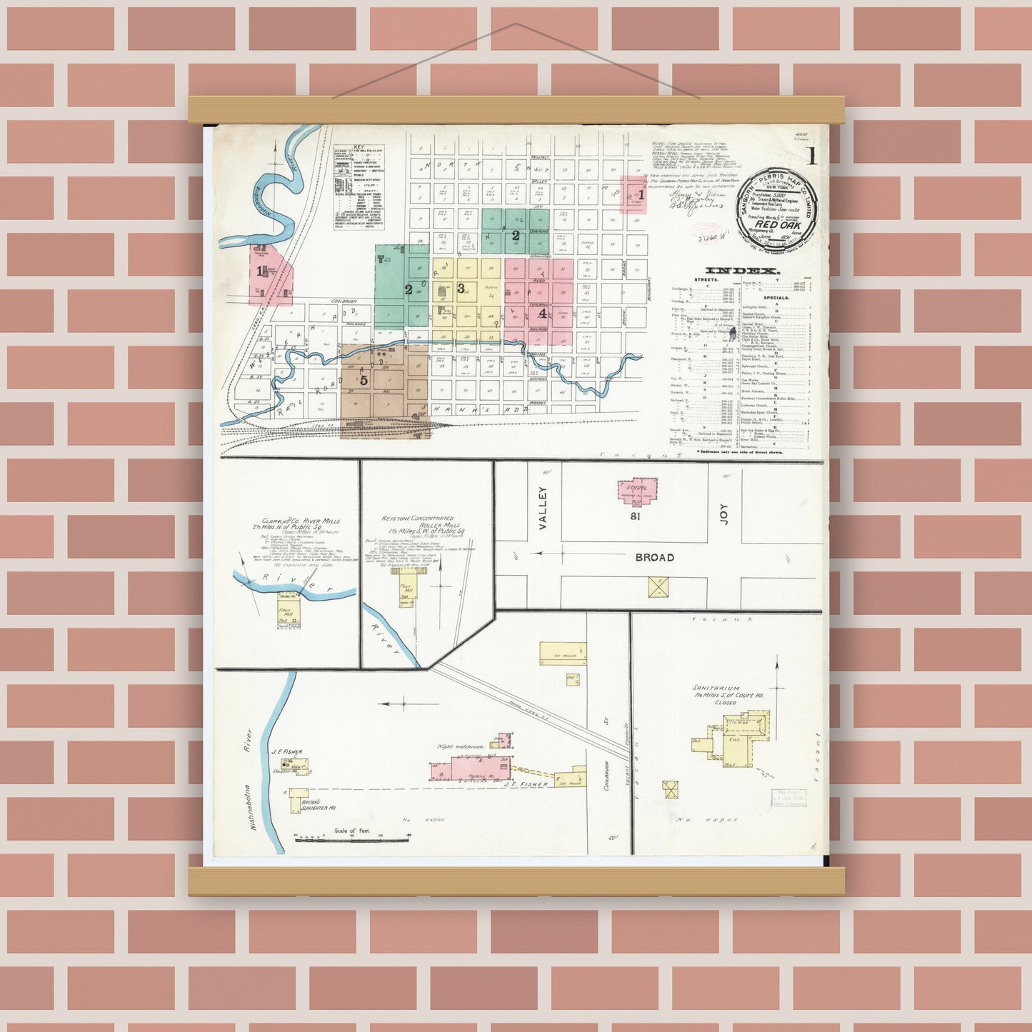 Old map wall art mockup — magnetic wood frame on brick wall — Sanborn Fire Insurance Map from Red Oak, Montgomery County, Iowa (1891), Sheet #0001