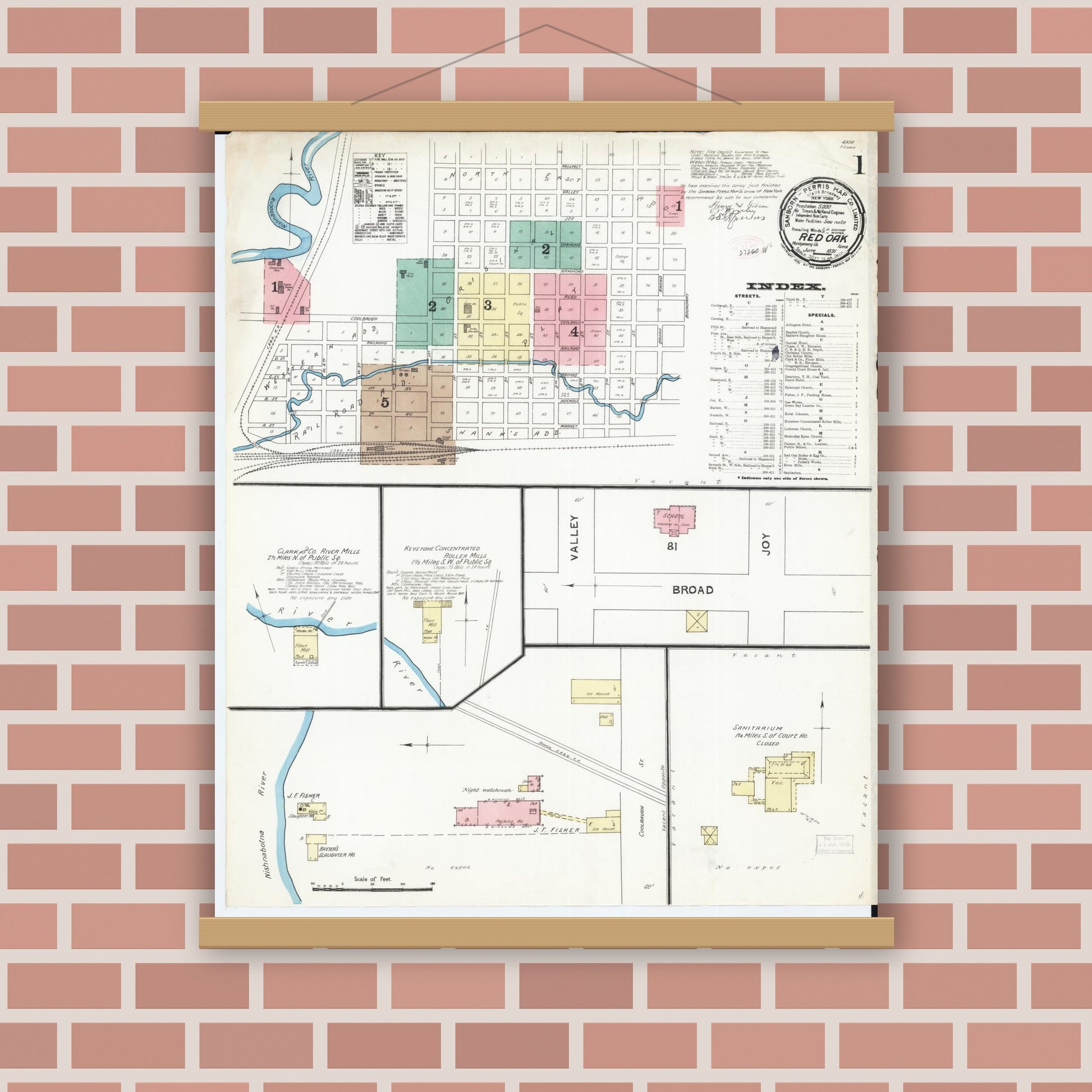 Old map wall art mockup — magnetic wood frame on brick wall — Sanborn Fire Insurance Map from Red Oak, Montgomery County, Iowa (1891), Sheet #0001