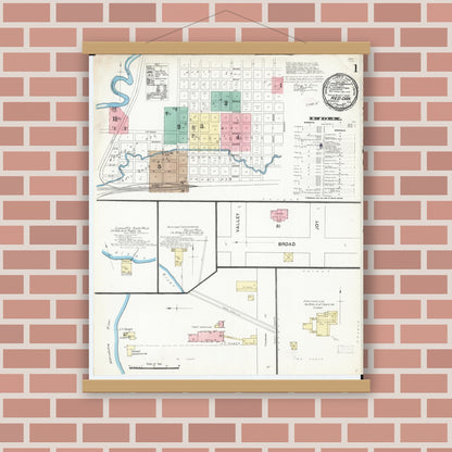 Old map wall art mockup — magnetic wood frame on brick wall — Sanborn Fire Insurance Map from Red Oak, Montgomery County, Iowa (1891), Sheet #0001