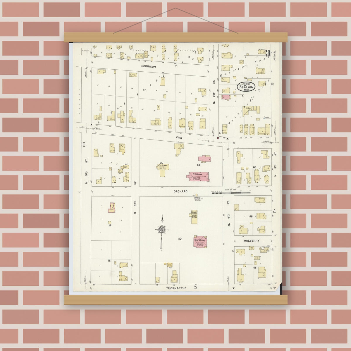Old map wall art mockup — magnetic wood frame on brick wall — Sanborn Fire Insurance Map from Saint Clair, Saint Clair County, Michigan (1913), Sheet #0003