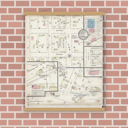 Old map wall art mockup — magnetic wood frame on brick wall — Sanborn Fire Insurance Map from Greenville, Bond County, Illinois (1886), Sheet #0001