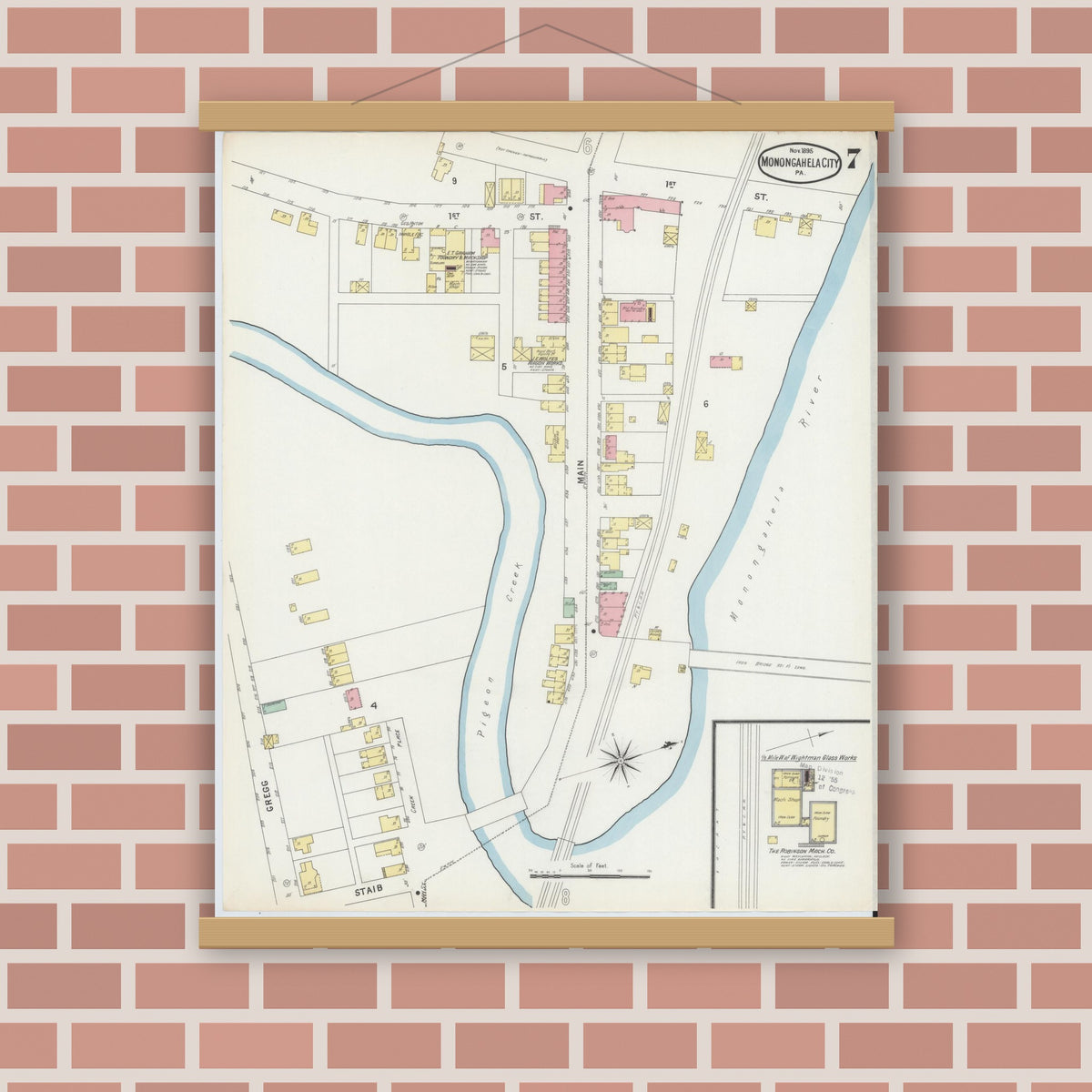 Old map wall art mockup — magnetic wood frame on brick wall — Sanborn Fire Insurance Map from Monongahela City, Washington County, Pennsylvania (1895), Sheet #0007