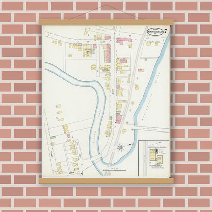 Old map wall art mockup — magnetic wood frame on brick wall — Sanborn Fire Insurance Map from Monongahela City, Washington County, Pennsylvania (1895), Sheet #0007