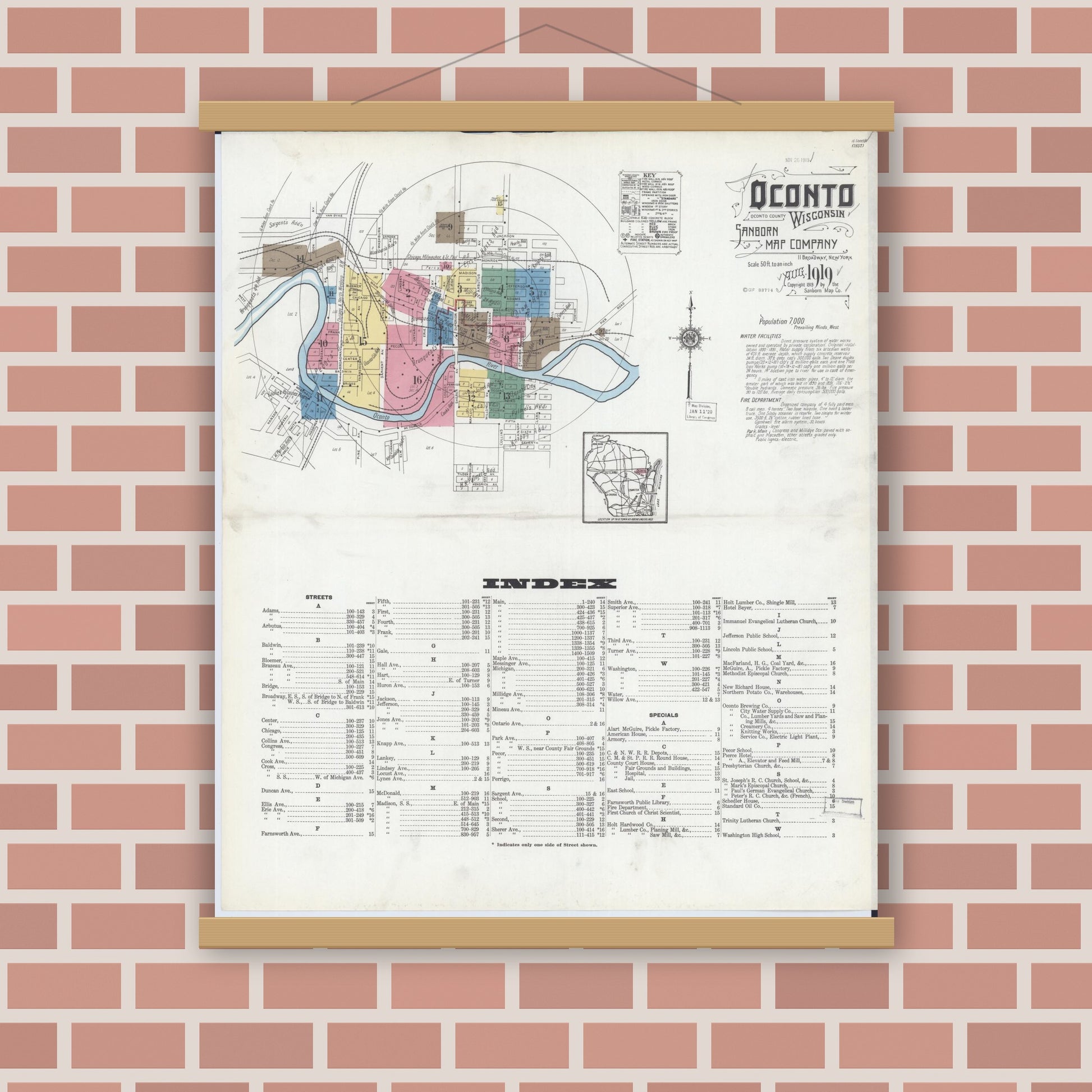 Old map wall art mockup — magnetic wood frame on brick wall — Sanborn Fire Insurance Map from Oconto, Oconto County, Wisconsin (1919), Sheet #0001
