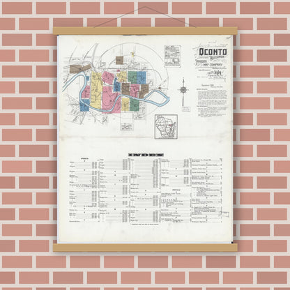 Old map wall art mockup — magnetic wood frame on brick wall — Sanborn Fire Insurance Map from Oconto, Oconto County, Wisconsin (1919), Sheet #0001