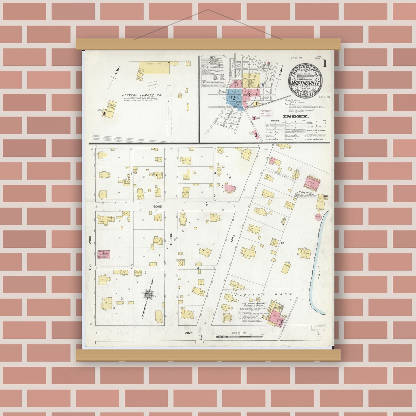 Old map wall art mockup — magnetic wood frame on brick wall — Sanborn Fire Insurance Map from Martinsville, Clark County, Illinois (1912) - Complete Map Set