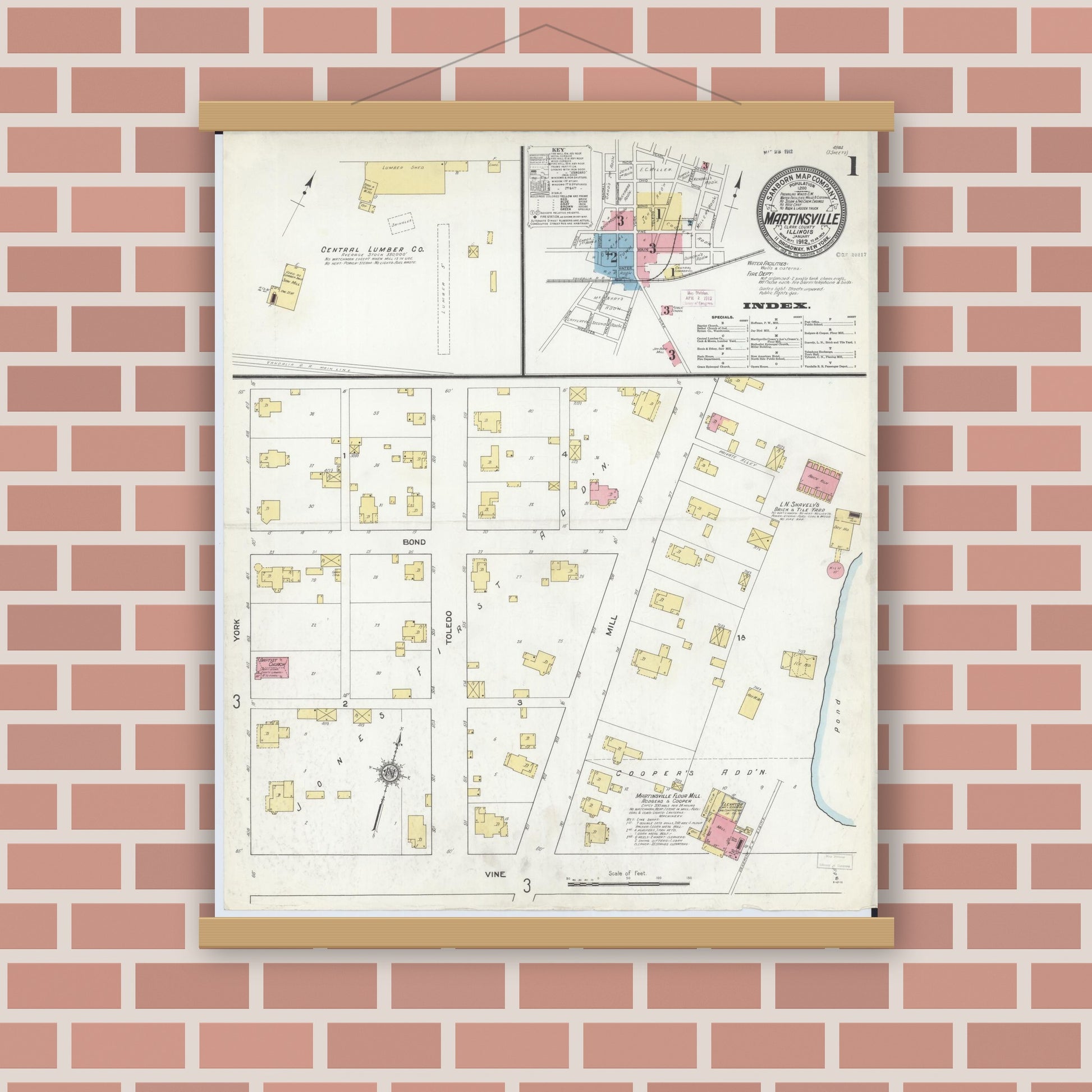 Old map wall art mockup — magnetic wood frame on brick wall — Sanborn Fire Insurance Map from Martinsville, Clark County, Illinois (1912) - Complete Map Set