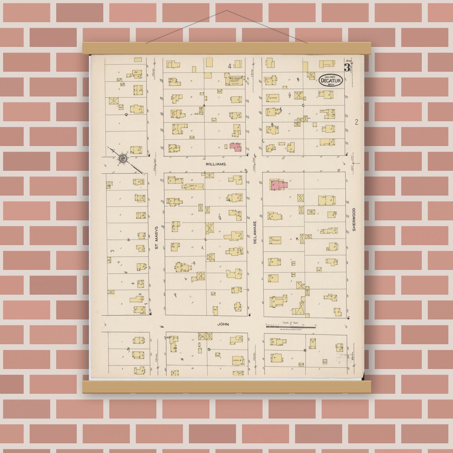Old map wall art mockup — magnetic wood frame on brick wall — Sanborn Fire Insurance Map from Decatur, Van Buren County, Michigan (1922), Sheet #0003
