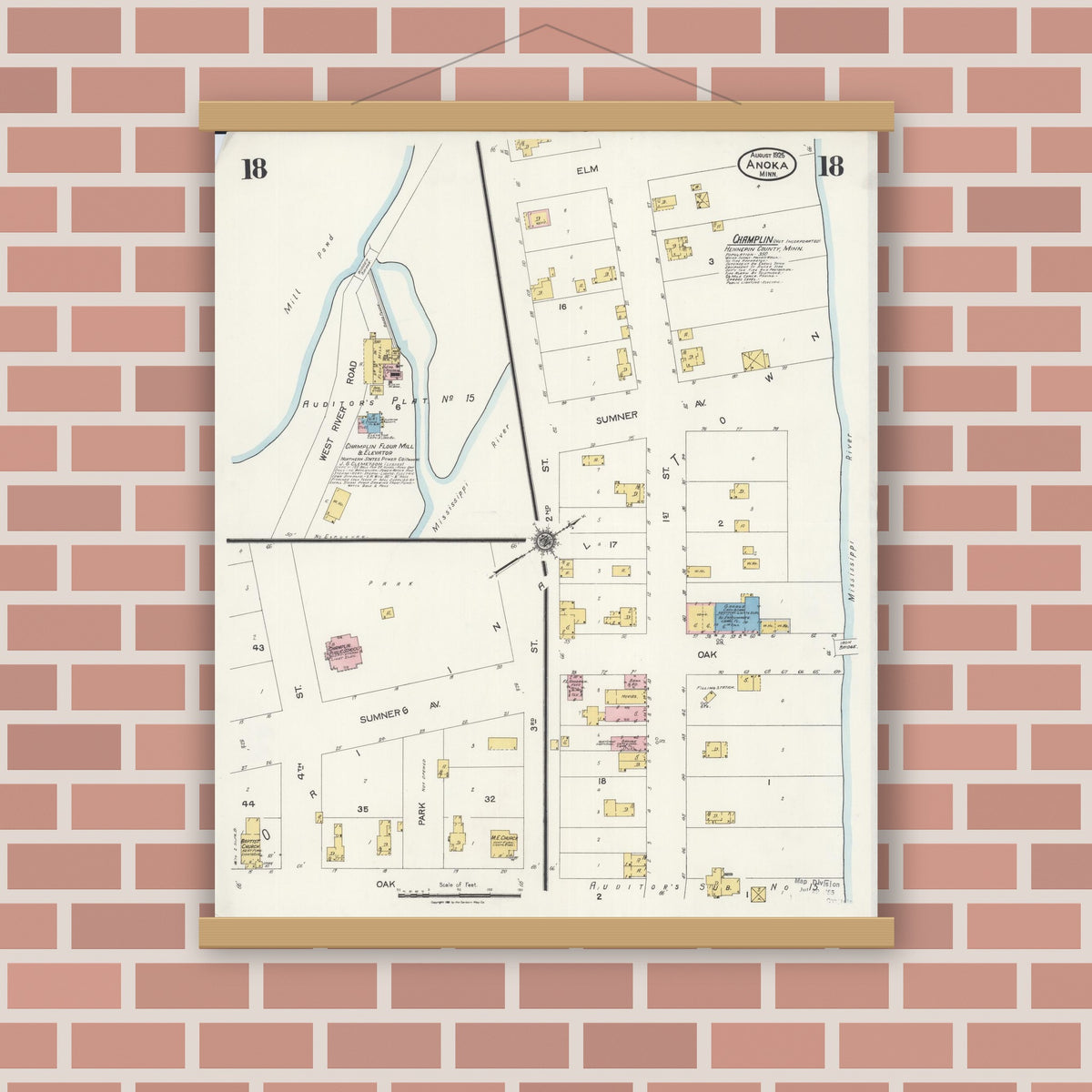 Old map wall art mockup — magnetic wood frame on brick wall — Sanborn Fire Insurance Map from Anoka, Anoka County, Minnesota (1925), Sheet #0018