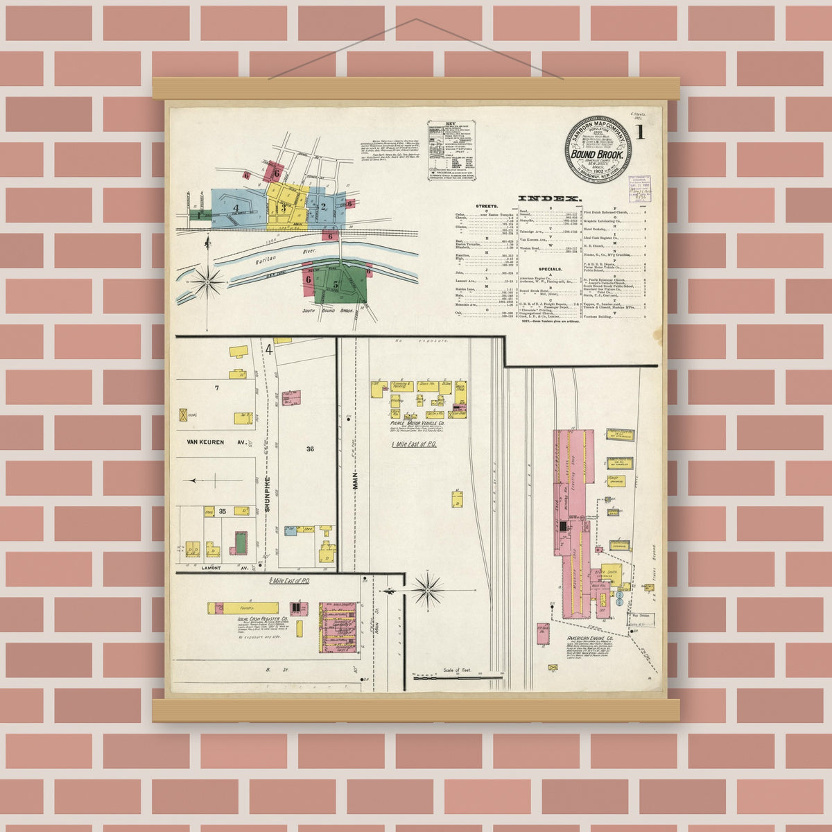 Old map wall art mockup — magnetic wood frame on brick wall — Sanborn Fire Insurance Map from Bound Brook, Somerset County, New Jersey (1902), Sheet #0001