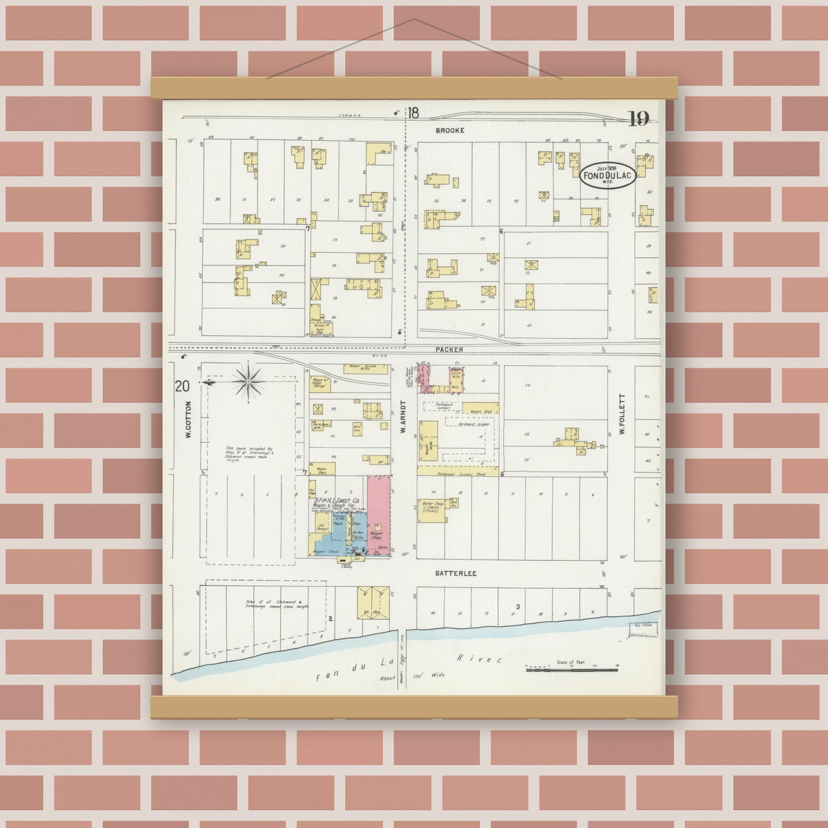 Old map wall art mockup — magnetic wood frame on brick wall — Sanborn Fire Insurance Map from Fond du Lac, Fond du Lac County, Wisconsin (1898), Sheet #0019