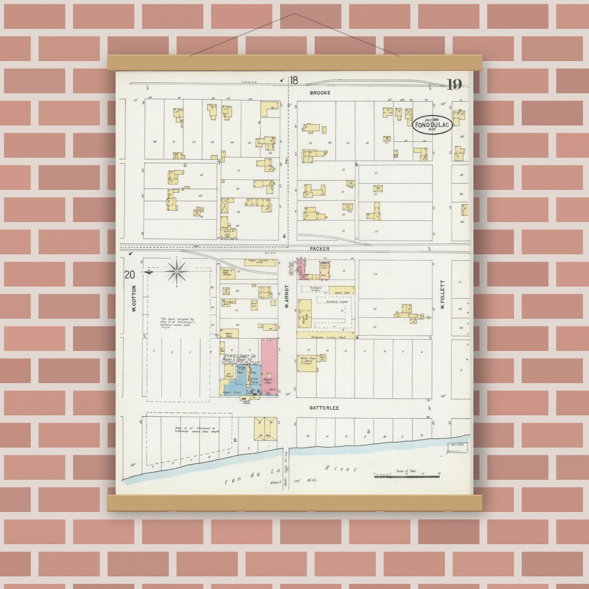 Old map wall art mockup — magnetic wood frame on brick wall — Sanborn Fire Insurance Map from Fond du Lac, Fond du Lac County, Wisconsin (1898), Sheet #0019