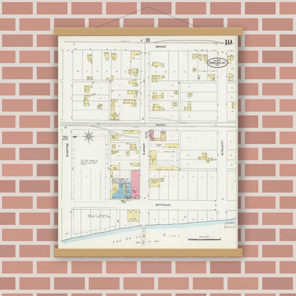 Old map wall art mockup — magnetic wood frame on brick wall — Sanborn Fire Insurance Map from Fond du Lac, Fond du Lac County, Wisconsin (1898), Sheet #0019