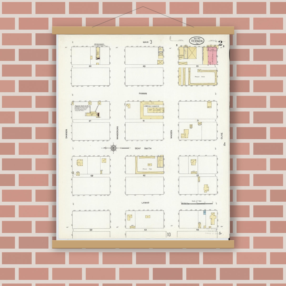 Old map wall art mockup — magnetic wood frame on brick wall — Sanborn Fire Insurance Map from Vernon, Wilbarger County, Texas (1912), Sheet #0002