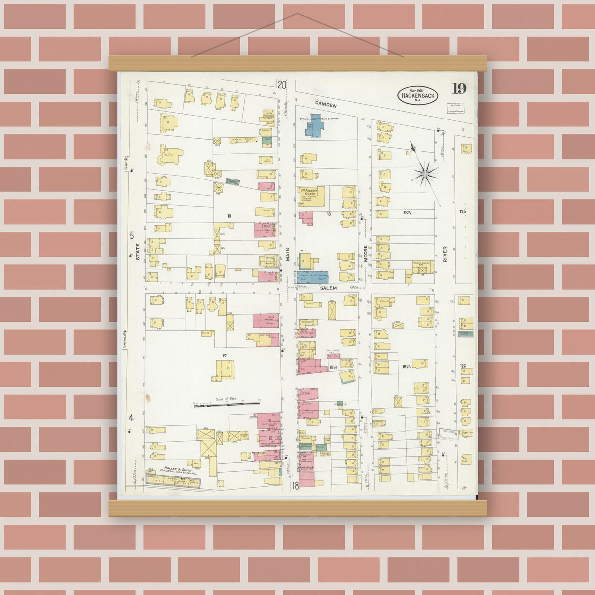 Old map wall art mockup — magnetic wood frame on brick wall — Sanborn Fire Insurance Map from Hackensack, Bergen County, New Jersey (1908), Sheet #0019