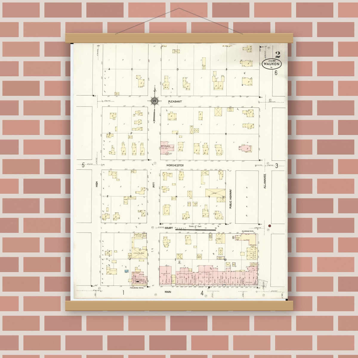 Old map wall art mockup — magnetic wood frame on brick wall — Sanborn Fire Insurance Map from Waukon, Allamakee County, Iowa (1913), Sheet #0002