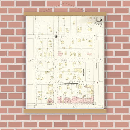 Old map wall art mockup — magnetic wood frame on brick wall — Sanborn Fire Insurance Map from Waukon, Allamakee County, Iowa (1913), Sheet #0002