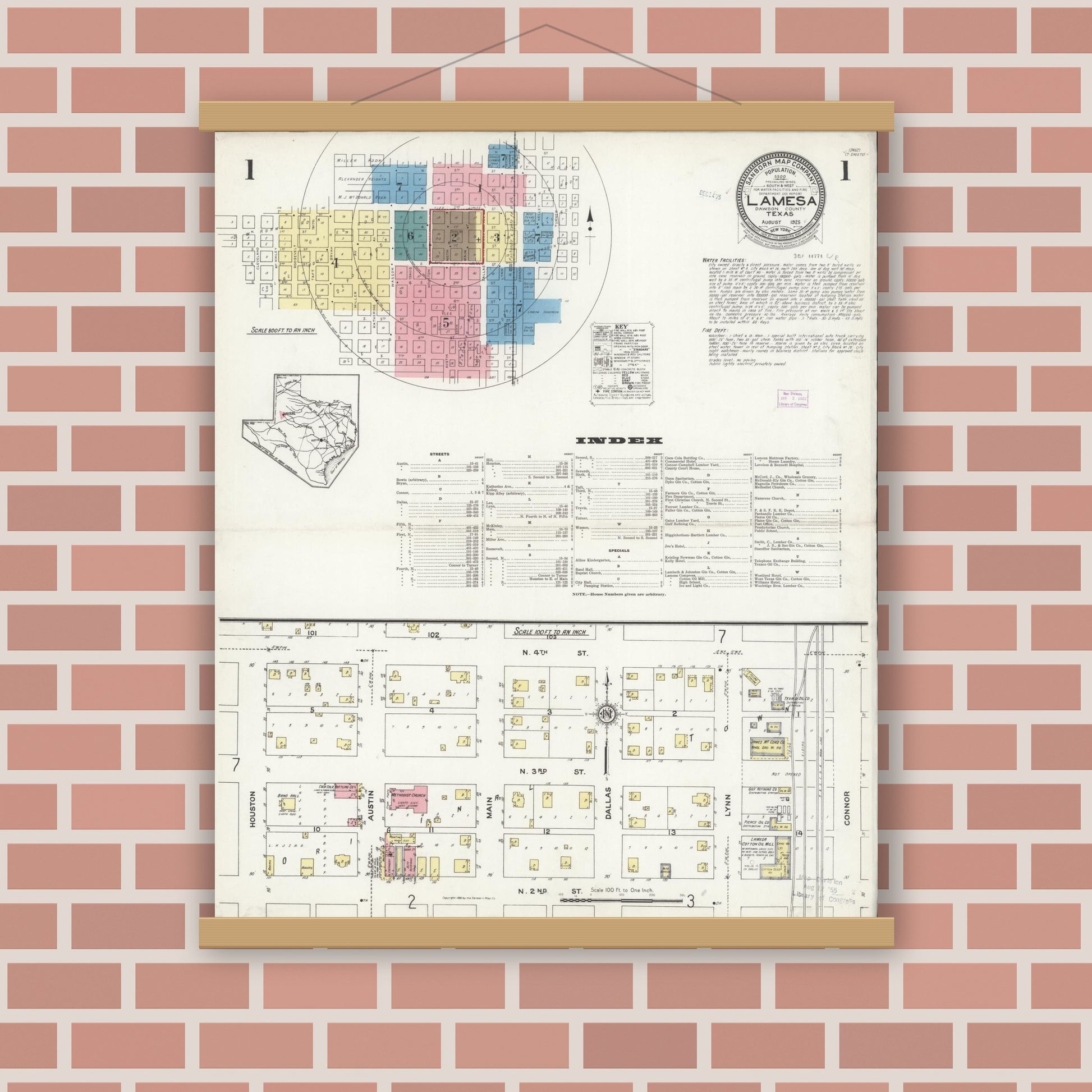 Old map wall art mockup — magnetic wood frame on brick wall — Sanborn Fire Insurance Map from Lamesa, Dawson County, Texas (1925), Sheet #0001