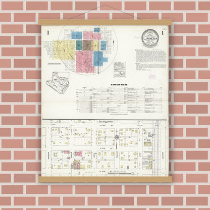 Old map wall art mockup — magnetic wood frame on brick wall — Sanborn Fire Insurance Map from Lamesa, Dawson County, Texas (1925), Sheet #0001