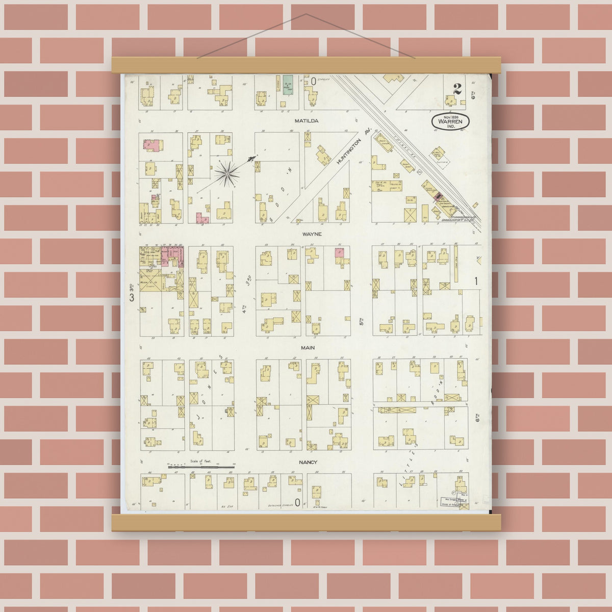 Old map wall art mockup — magnetic wood frame on brick wall — Sanborn Fire Insurance Map from Warren, Huntington County, Indiana (1898), Sheet #0002