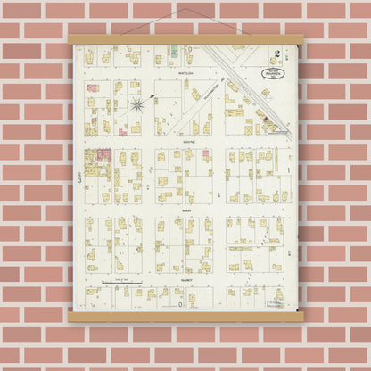 Old map wall art mockup — magnetic wood frame on brick wall — Sanborn Fire Insurance Map from Warren, Huntington County, Indiana (1898), Sheet #0002