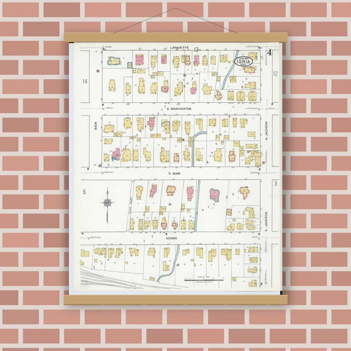 Old map wall art mockup — magnetic wood frame on brick wall — Sanborn Fire Insurance Map from Ionia, Ionia County, Michigan (1920), Sheet #0004