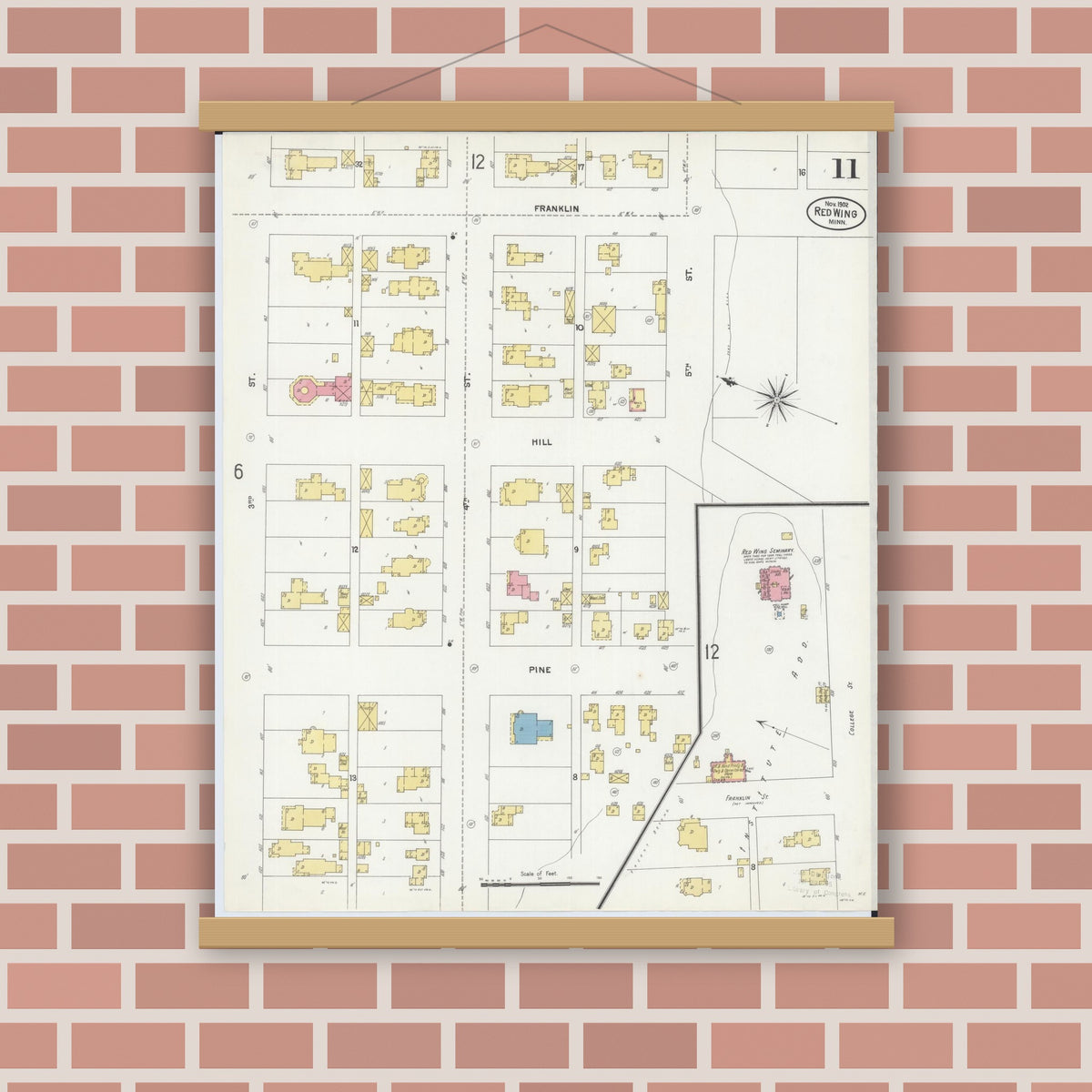 Old map wall art mockup — magnetic wood frame on brick wall — Sanborn Fire Insurance Map from Red Wing, Goodhue County, Minnesota (1902), Sheet #0011