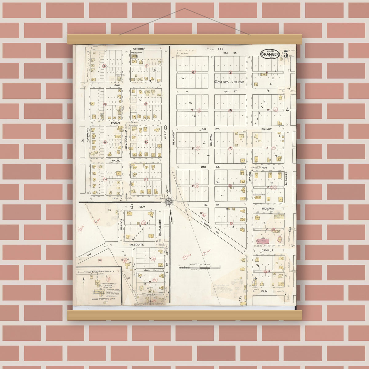 Old map wall art mockup — magnetic wood frame on brick wall — Sanborn Fire Insurance Map from Granger, Williamson County, Texas (1940), Sheet #0005
