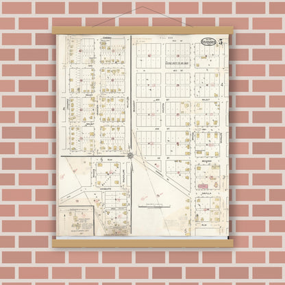 Old map wall art mockup — magnetic wood frame on brick wall — Sanborn Fire Insurance Map from Granger, Williamson County, Texas (1940), Sheet #0005