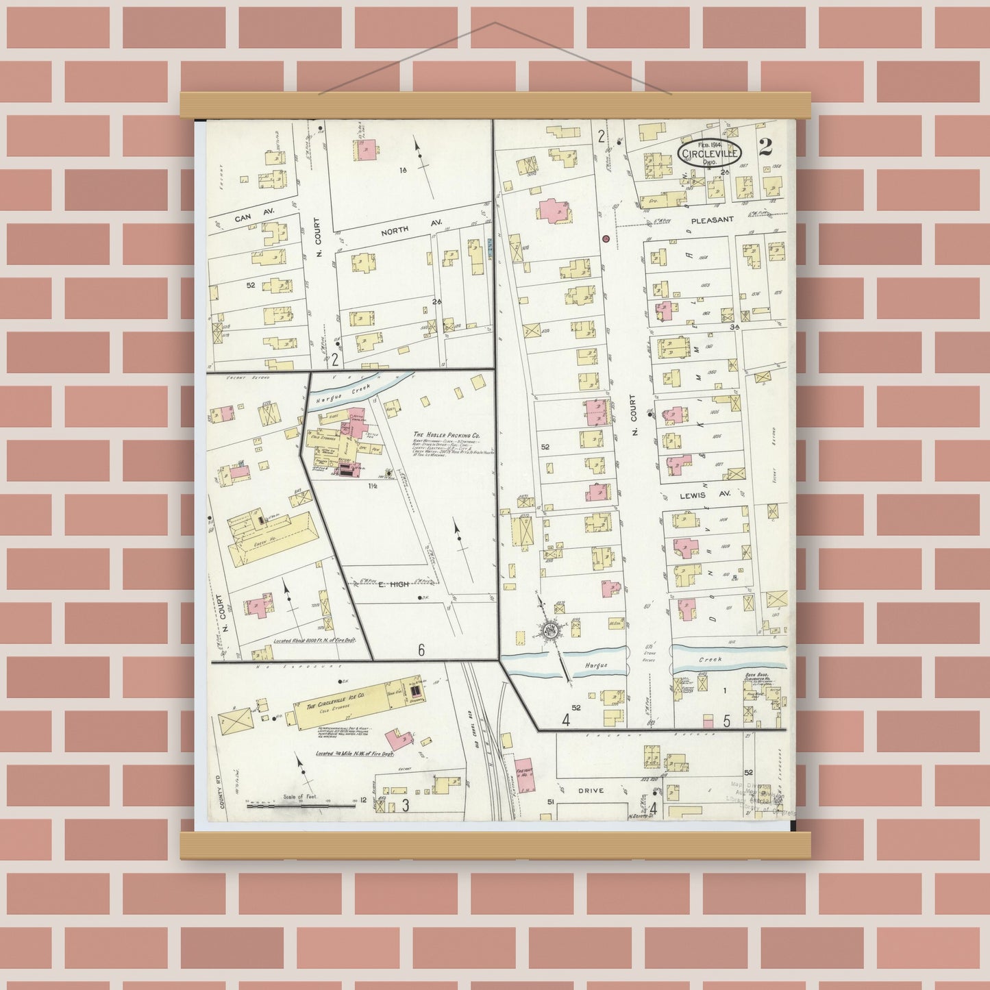 Old map wall art mockup — magnetic wood frame on brick wall — Sanborn Fire Insurance Map from Circleville, Pickaway County, Ohio (1914), Sheet #0002