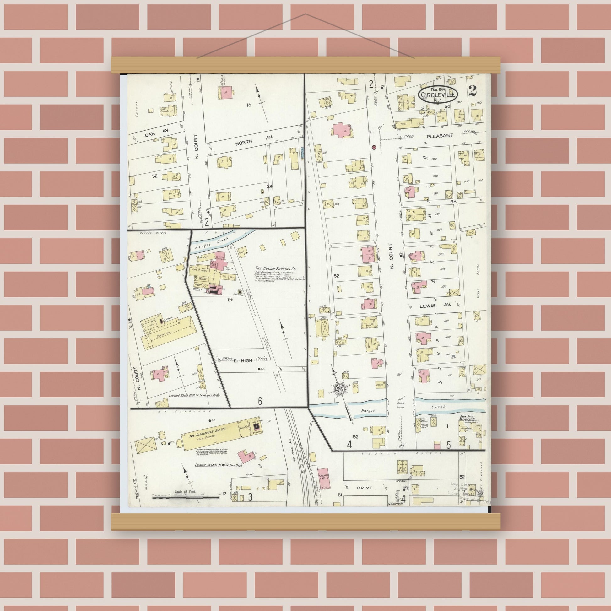 Old map wall art mockup — magnetic wood frame on brick wall — Sanborn Fire Insurance Map from Circleville, Pickaway County, Ohio (1914), Sheet #0002