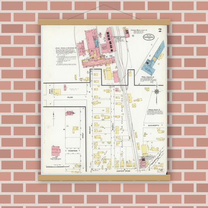 Old map wall art mockup — magnetic wood frame on brick wall — Sanborn Fire Insurance Map from Edinburg, Johnson And Bartholomew Counties, Indiana (1910), Sheet #0002