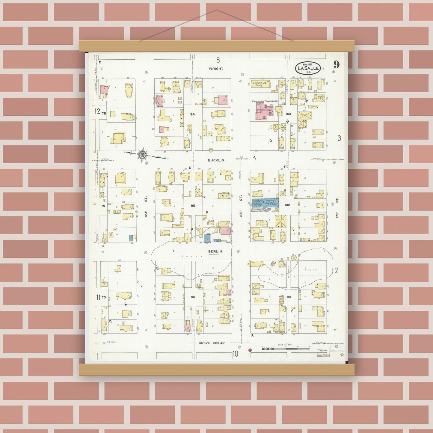 Old map wall art mockup — magnetic wood frame on brick wall — Sanborn Fire Insurance Map from La Salle, La Salle County, Illinois (1911), Sheet #0009