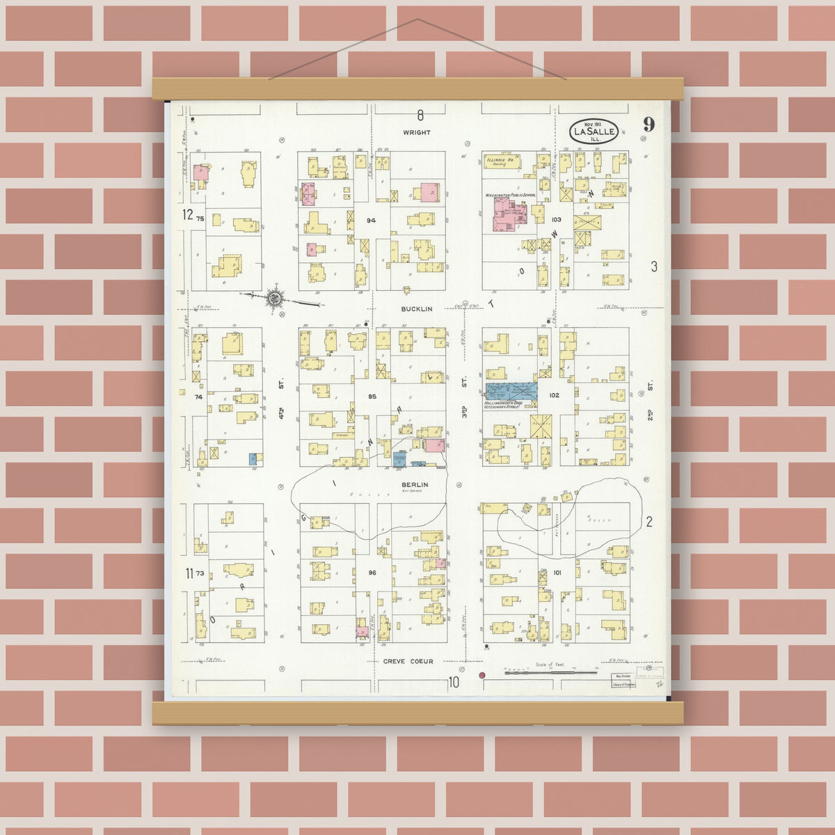 Old map wall art mockup — magnetic wood frame on brick wall — Sanborn Fire Insurance Map from La Salle, La Salle County, Illinois (1911), Sheet #0009