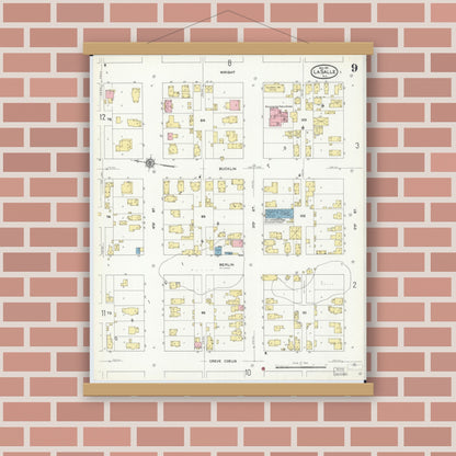 Old map wall art mockup — magnetic wood frame on brick wall — Sanborn Fire Insurance Map from La Salle, La Salle County, Illinois (1911), Sheet #0009